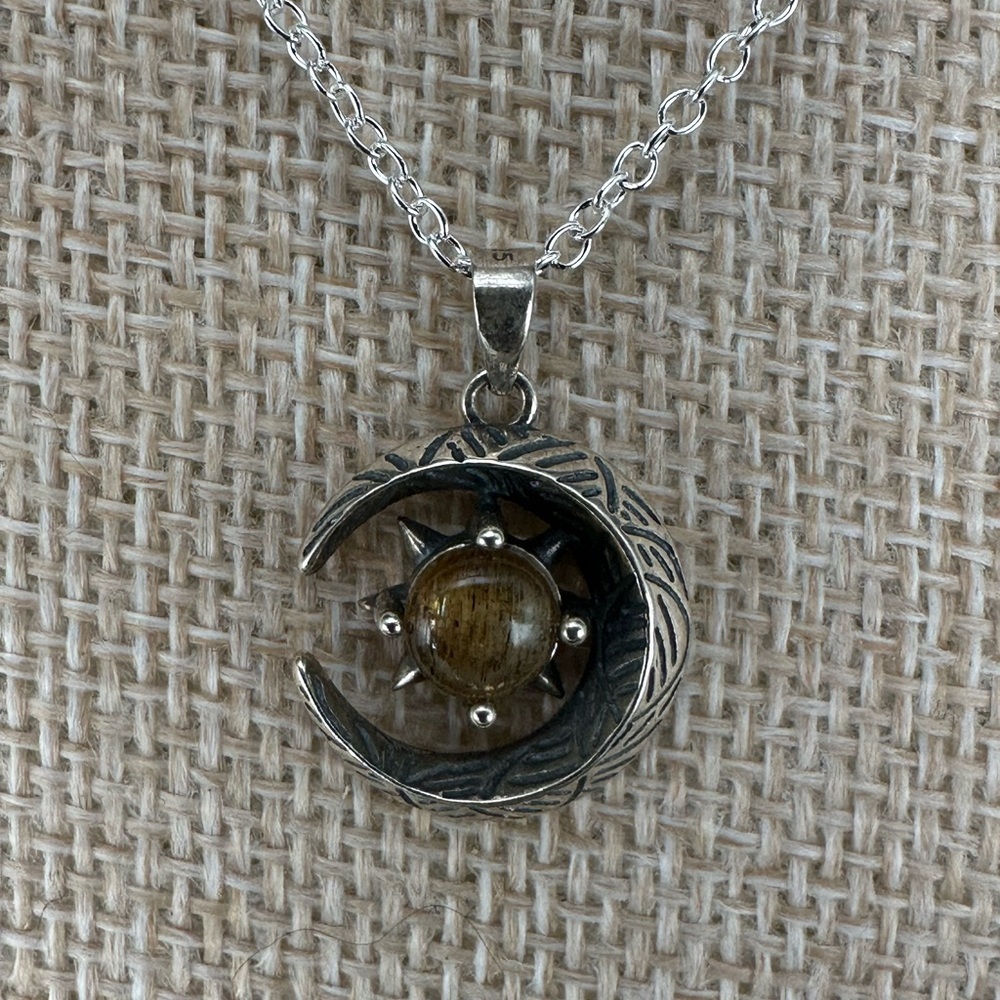 Rutilated Quartz and Silver Moon and Star Pendant Necklace on Box Chain - Picture 8 of 16
